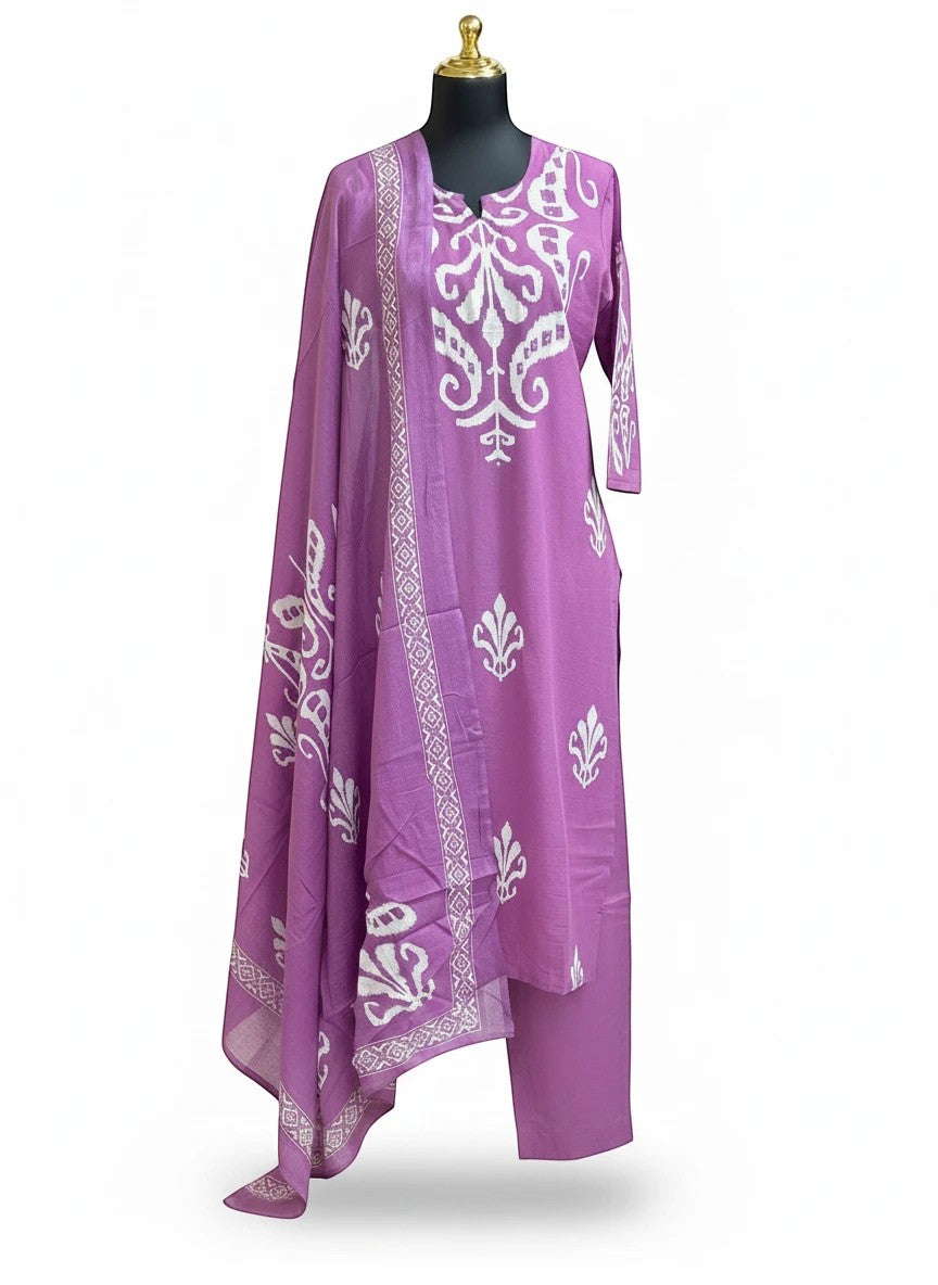 Kurti Connection USA purple three-piece suit set with white block-print motifs, matching trousers, and dupatta.
