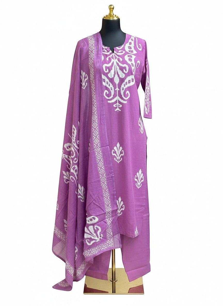 Kurti Connection USA purple three-piece suit set with white traditional block-print motifs and matching dupatta