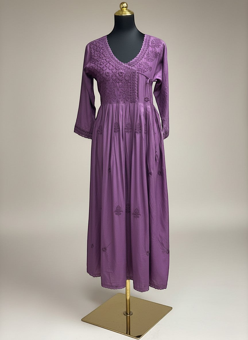 Kurti Connection USA purple embroidered wrap maxi dress with V-neck and long sleeves.
