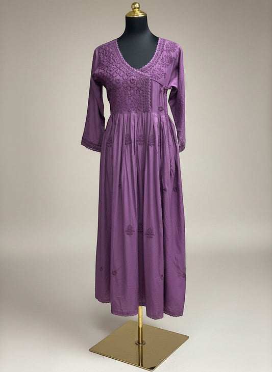 Kurti Connection USA purple embroidered wrap maxi dress with V-neck and flowing skirt.
