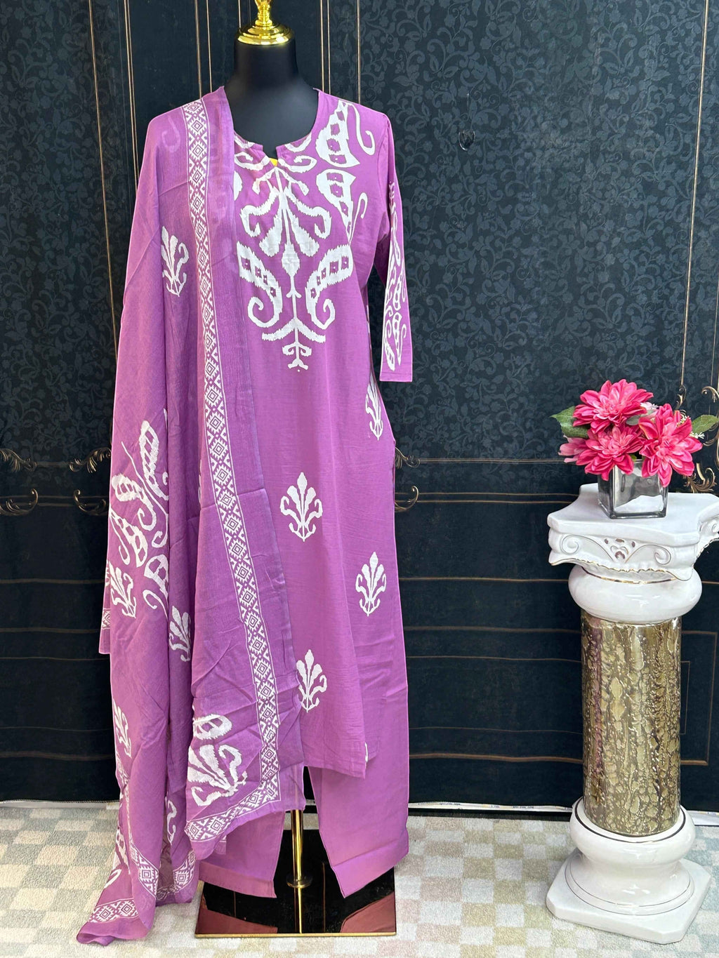 Kurti Connection USA purple three-piece suit set with white traditional block-print motifs and matching dupatta