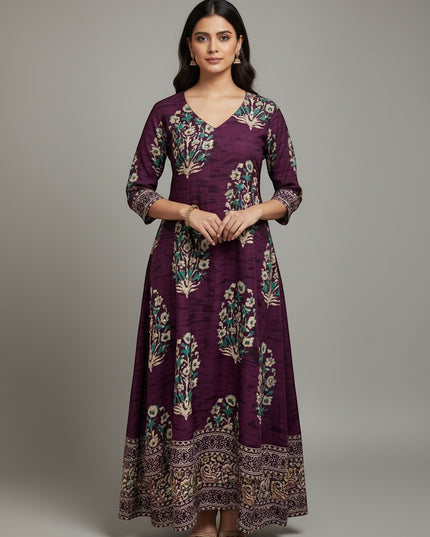 Kurti Connection USA deep purple floral print long ethnic kurti dress with V-neck and three-quarter sleeves