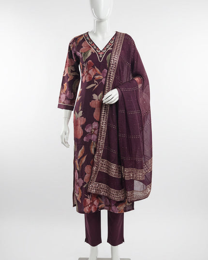 Kurti Connection USA modal silk kurti set in deep purple with floral print, V-neckline, and matching dupatta.