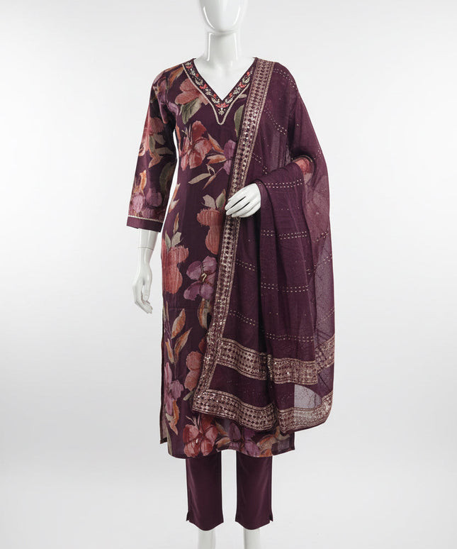 Kurti Connection USA modal silk kurti set in deep purple with floral print, V-neckline, and matching dupatta.
