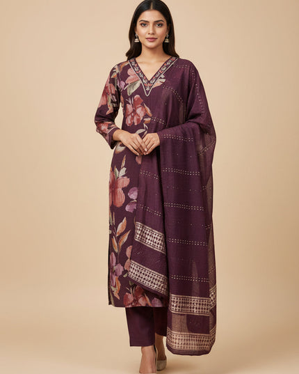 Kurti Connection USA modal silk kurti set in deep purple with floral print, V-neckline, and matching dupatta.