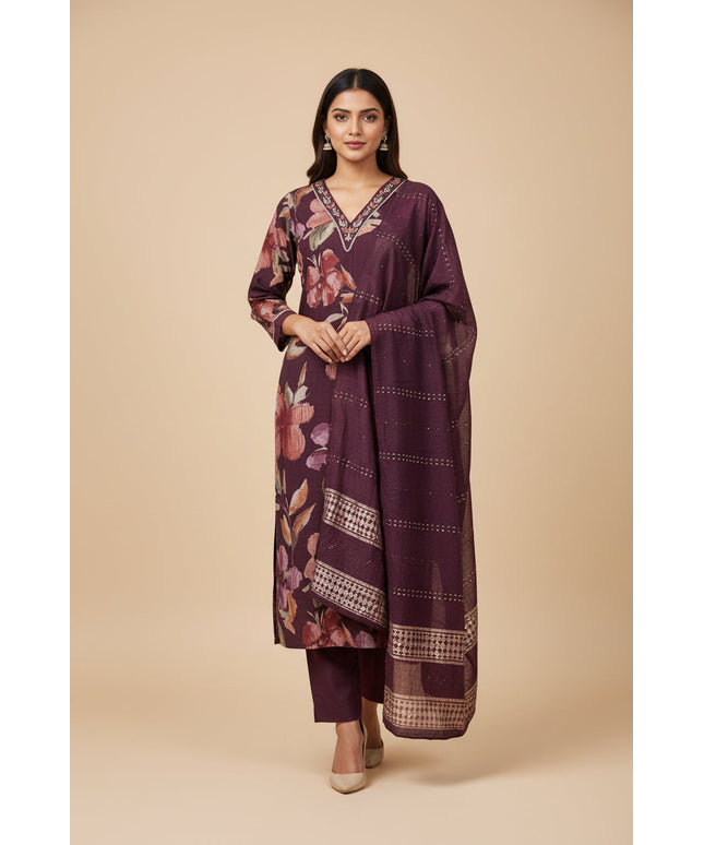 Kurti Connection USA modal silk kurti set in deep purple with floral print, V-neckline, and matching dupatta.