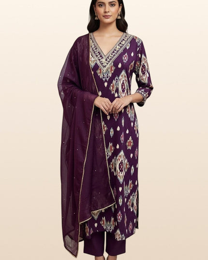 Model wearing a Kurti Connection USA purple ikat-print kurti set with V-neck embroidery and a sheer matching dupatta.