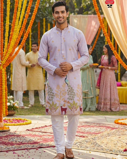Kurti Connection USA light purple silk kurta set with intricate embroidery of peacocks and deer, paired with white pajamas.