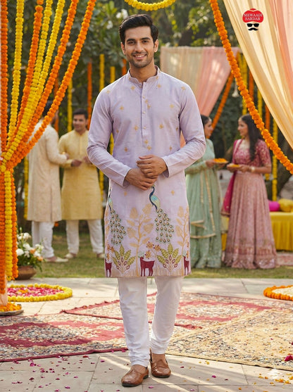 Kurti Connection USA light purple silk kurta set with intricate embroidery of peacocks and deer, paired with white pajamas.