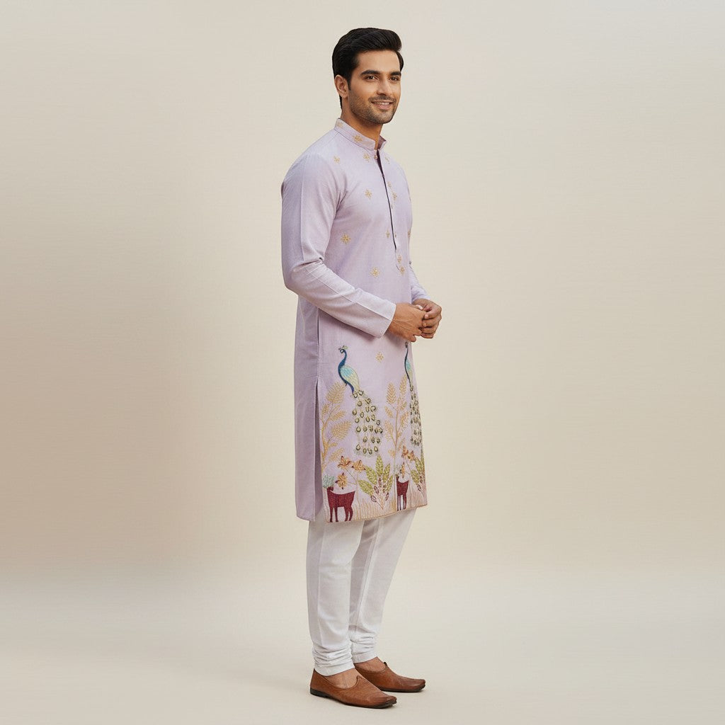 Kurti Connection USA light purple silk kurta set with intricate peacock and deer embroidery, paired with white pajama.