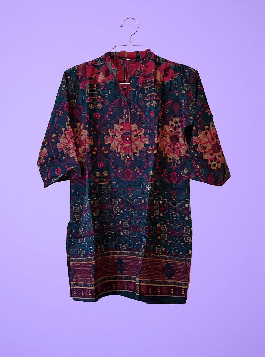 Kurti Connection USA rayon co-ord set featuring a dark blue and red intricate ethnic print with a mandarin collar.