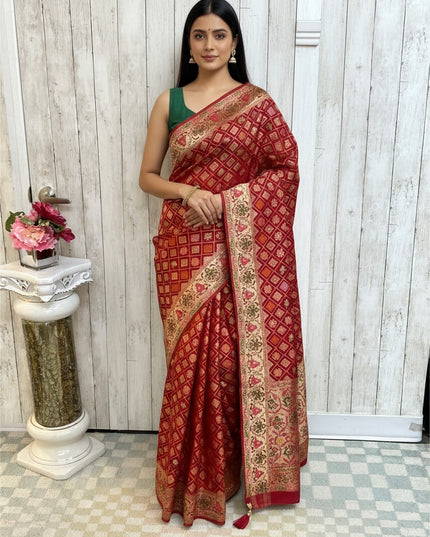 Kurti Connection USA red Bandhani patola saree with intricate gold zari border and geometric patterns