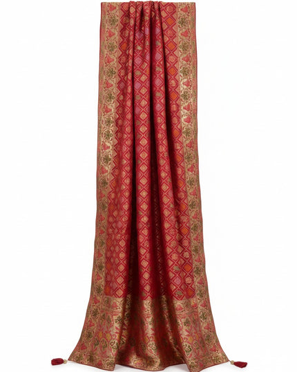 Kurti Connection USA red Bandhani patola saree with intricate gold zari border and tassel details