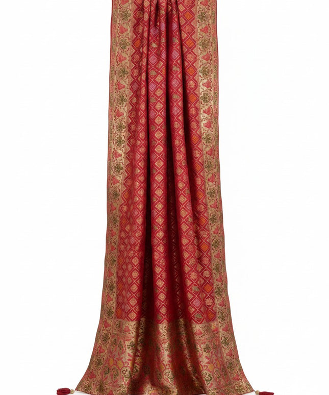 Kurti Connection USA red Bandhani patola saree with intricate gold zari border and tassel details