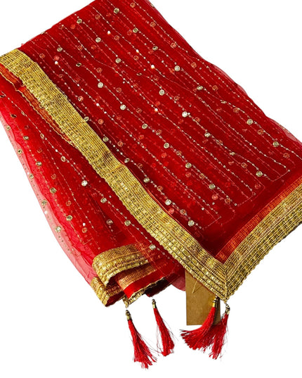 Kurti Connection USA red net dupatta with gold border, intricate sequin embroidery, and decorative red tassels.