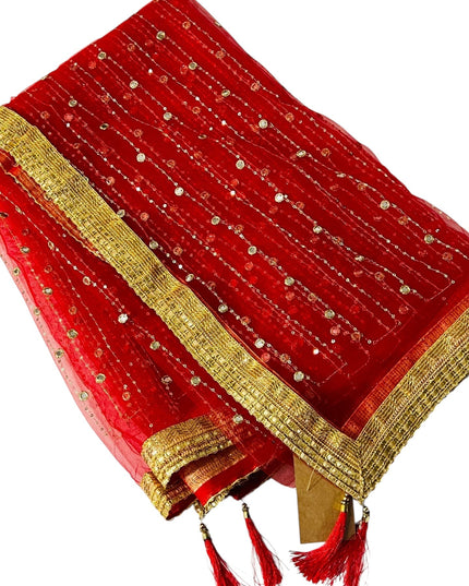 Kurti Connection USA red net dupatta with gold border, sequin embroidery, and decorative red tassels