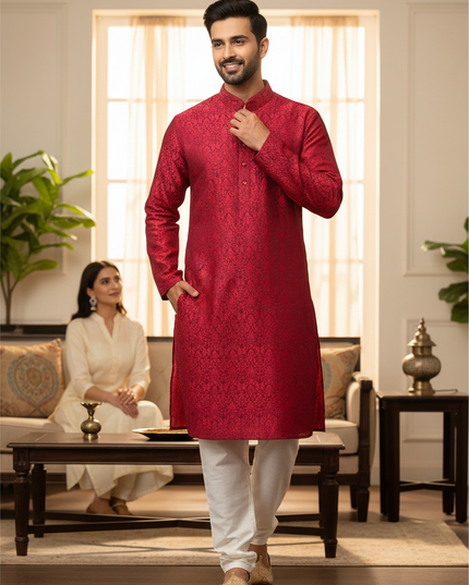 Kurti Connection USA men's red cotton silk kurta paired with white pajama pants, worn by a man in a living room.