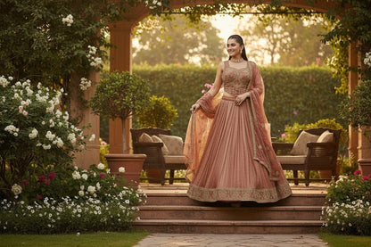 Kurti Connection USA woman in embroidered rose gold lehenga set with intricate gold detailing on blouse and skirt, perfect for special occasions.