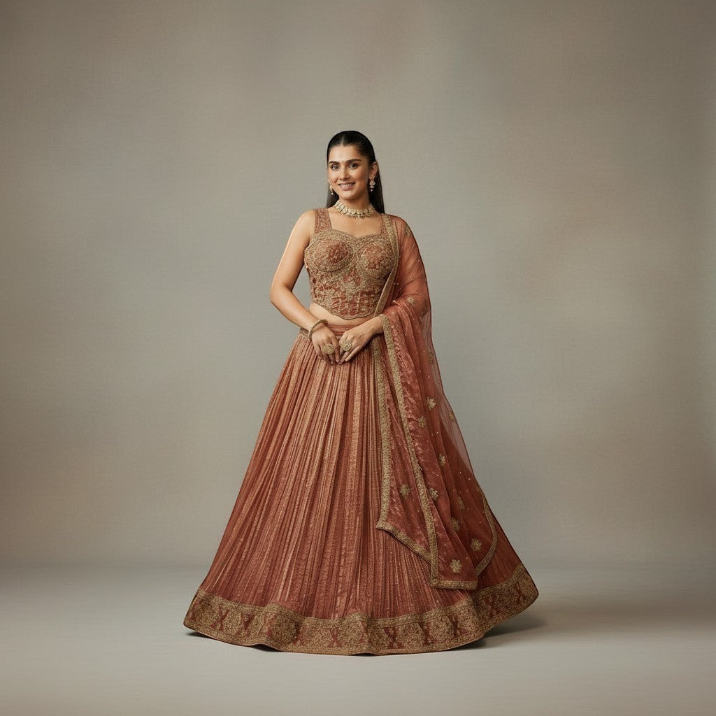 Kurti Connection USA embroidered lehenga set in warm rust with gold detailing. Sleeveless blouse and flowing pleated skirt.