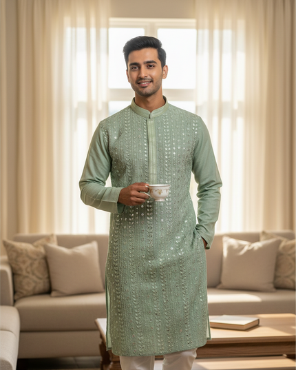 Kurti Connection USA sage green kurta with intricate mirror work embroidery paired with off-white trousers