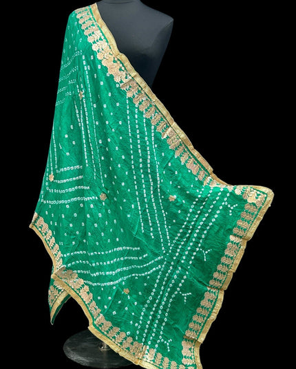 Kurti Connection USA sea green Bandhani dupatta with intricate white tie-dye patterns and a decorative gold border.