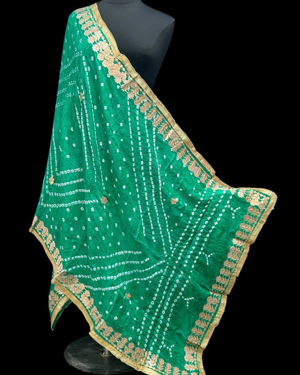 Kurti Connection USA sea green Bandhani dupatta featuring intricate white tie-dye patterns and an ornate gold border.