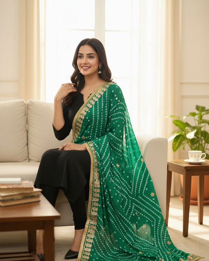 Kurti Connection USA sea green Bandhani dupatta with white tie-dye patterns and an ornate gold border on a model