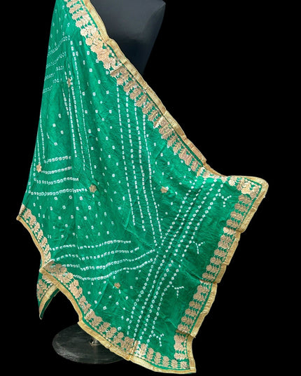 Kurti Connection USA sea green Bandhani dupatta with white tie-dye patterns and an ornate gold border.