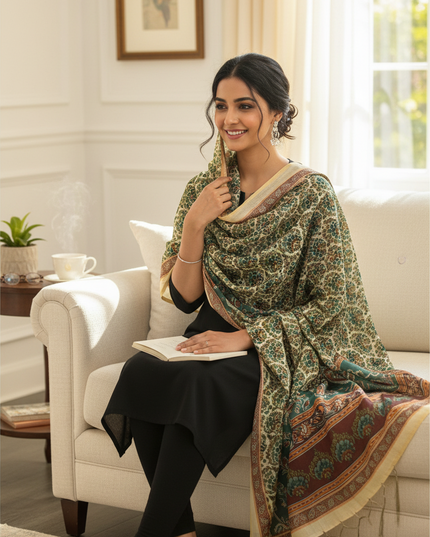 Kurti Connection USA silk dupatta with intricate green and brown digital floral print worn by a woman on a sofa