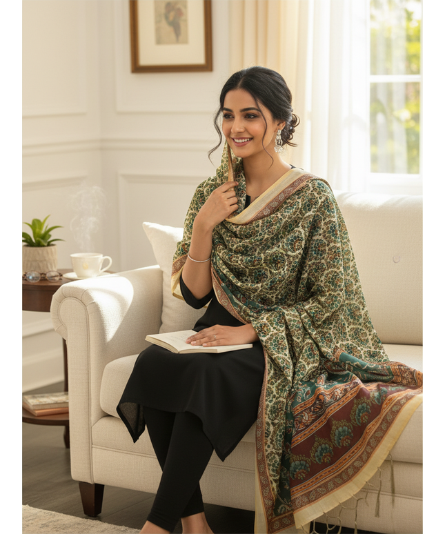 Kurti Connection USA silk dupatta with intricate green and brown digital floral print worn by a woman on a sofa