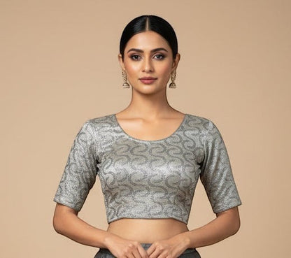 Kurti Connection USA silver embroidered crop top blouse with scoop neckline and three-quarter sleeves.