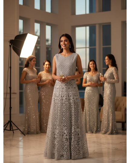 Kurti Connection USA silver-grey sleeveless formal maxi dress with intricate embroidery worn by a smiling model.