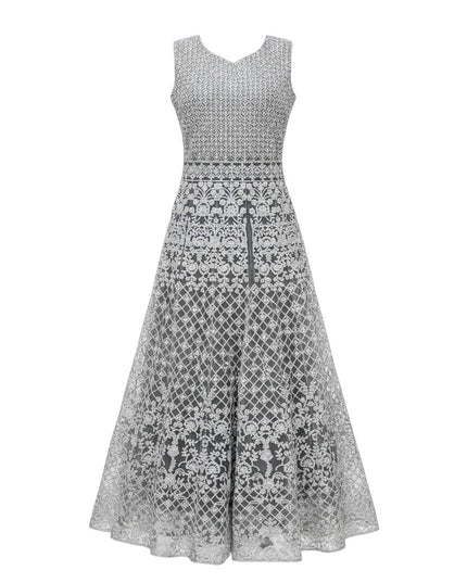 Kurti Connection USA silver-grey sleeveless formal maxi dress with intricate floral and geometric embroidery