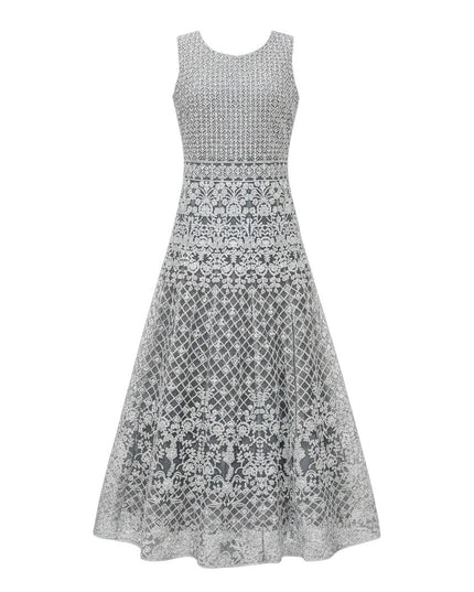 Kurti Connection USA silver-grey sleeveless formal maxi dress with intricate floral and geometric embroidery