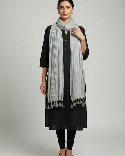 Kurti Connection USA silver tissue dupatta with delicate tassel ends worn over a black kurta and leggings