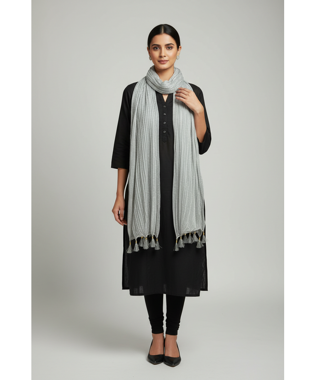 Kurti Connection USA silver tissue dupatta with delicate tassel ends worn over a black kurta and leggings