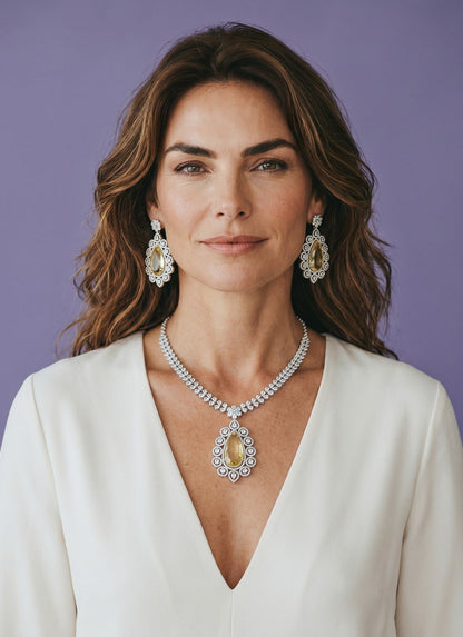 Kurti Connection USA statement necklace and teardrop earrings set with yellow stones and clear crystals.