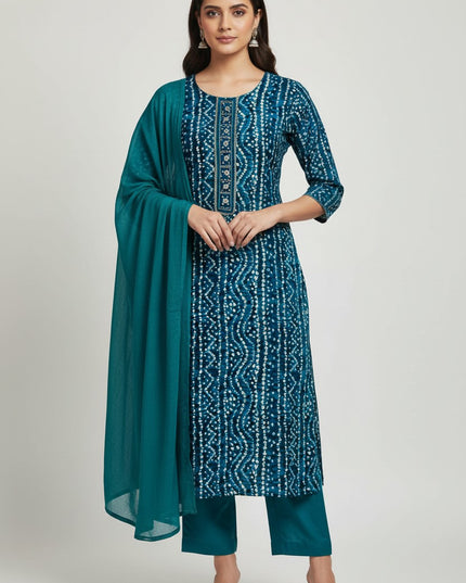 Kurti Connection USA teal rayon Bandhani kurti set with intricate embroidery and matching dupatta on a model