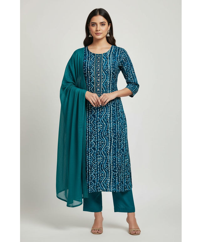 Kurti Connection USA teal rayon Bandhani kurti set with intricate embroidery and matching dupatta on a model