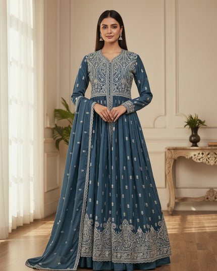 Kurti Connection USA teal blue anarkali kurti set with intricate silver embroidery and matching dupatta