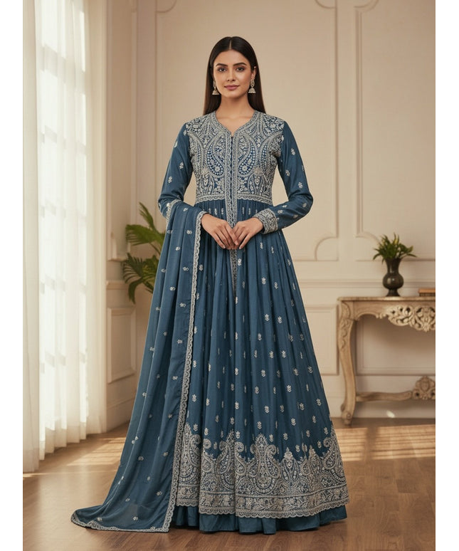 Kurti Connection USA teal blue anarkali kurti set with intricate silver embroidery and matching dupatta