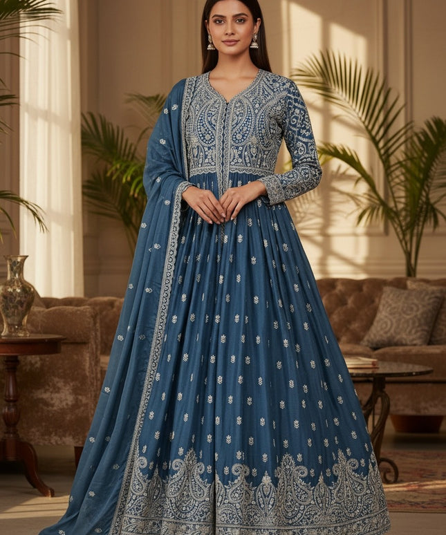 Kurti Connection USA teal blue anarkali kurti set with intricate silver embroidery, long sleeves, and matching dupatta.