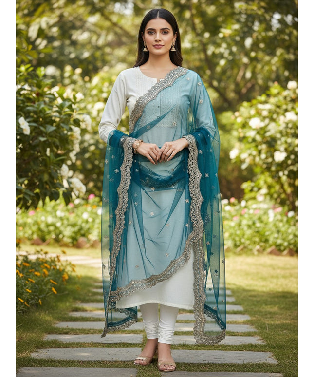 Kurti Connection USA teal blue sheer dupatta with intricate mirror work and scalloped gold embroidery borders