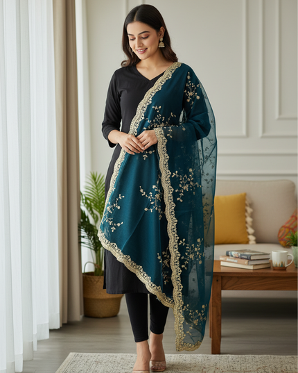 Kurti Connection USA teal net dupatta with intricate gold embroidery and scalloped borders worn with a black outfit
