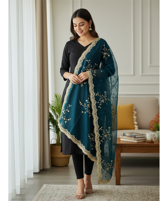 Kurti Connection USA teal net dupatta with intricate gold embroidery and scalloped borders worn with a black outfit