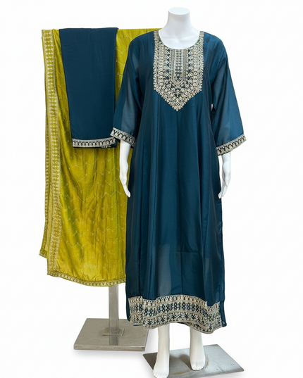 Kurti Connection USA satin silk Anarkali Kurti set in teal with gold embroidery and a matching lime green dupatta