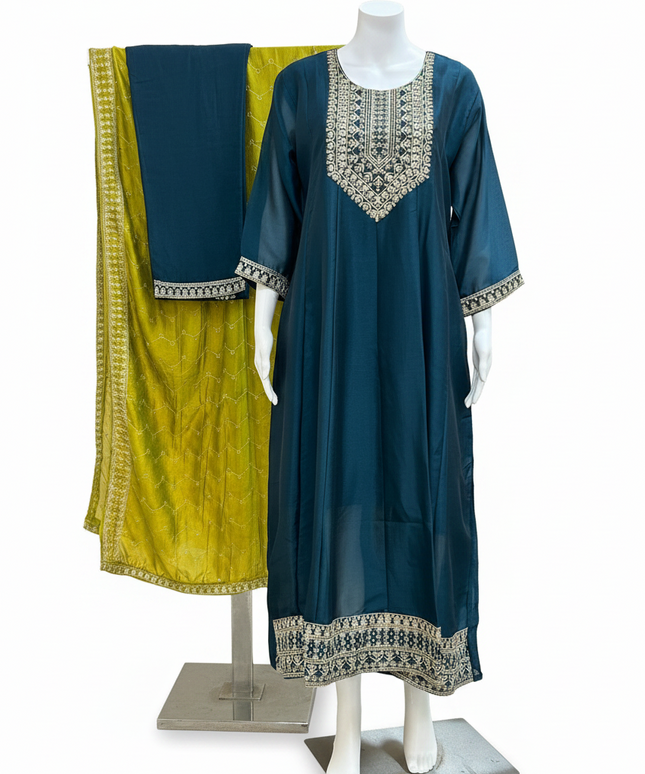 Kurti Connection USA satin silk Anarkali Kurti set in teal with gold embroidery and a matching lime green dupatta