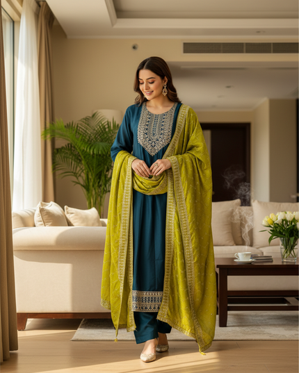 Kurti Connection USA satin silk Anarkali Kurti set in teal with a lime green embroidered dupatta in a living room