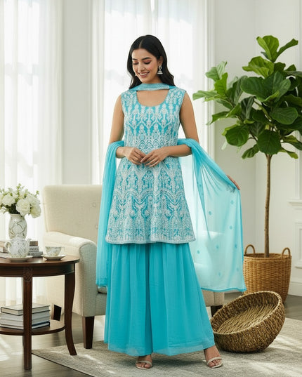 Kurti Connection USA turquoise georgette sleeveless kurti with white embroidery and matching sharara set and dupatta