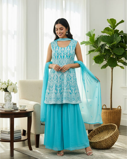 Kurti Connection USA turquoise georgette sleeveless kurti with white embroidery and matching sharara set and dupatta